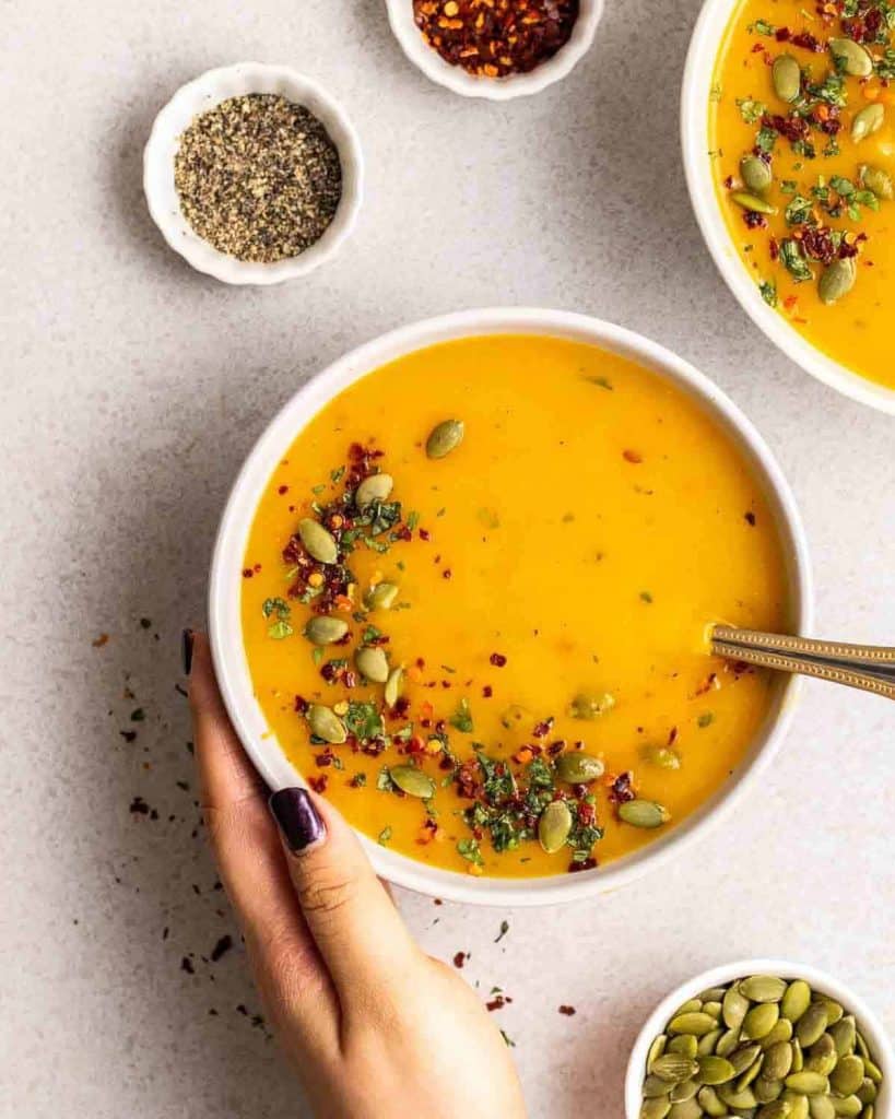 Image with vegan potato recipes potato pumpkin soup.