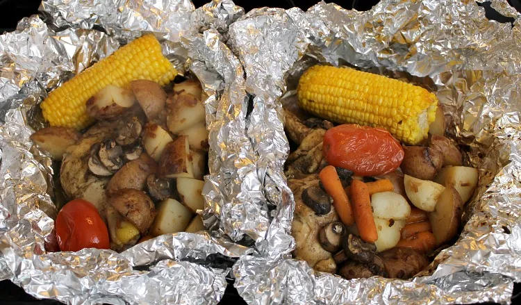 Image with Campfire Grilled Chicken Veggie Foil Packet Dinner.