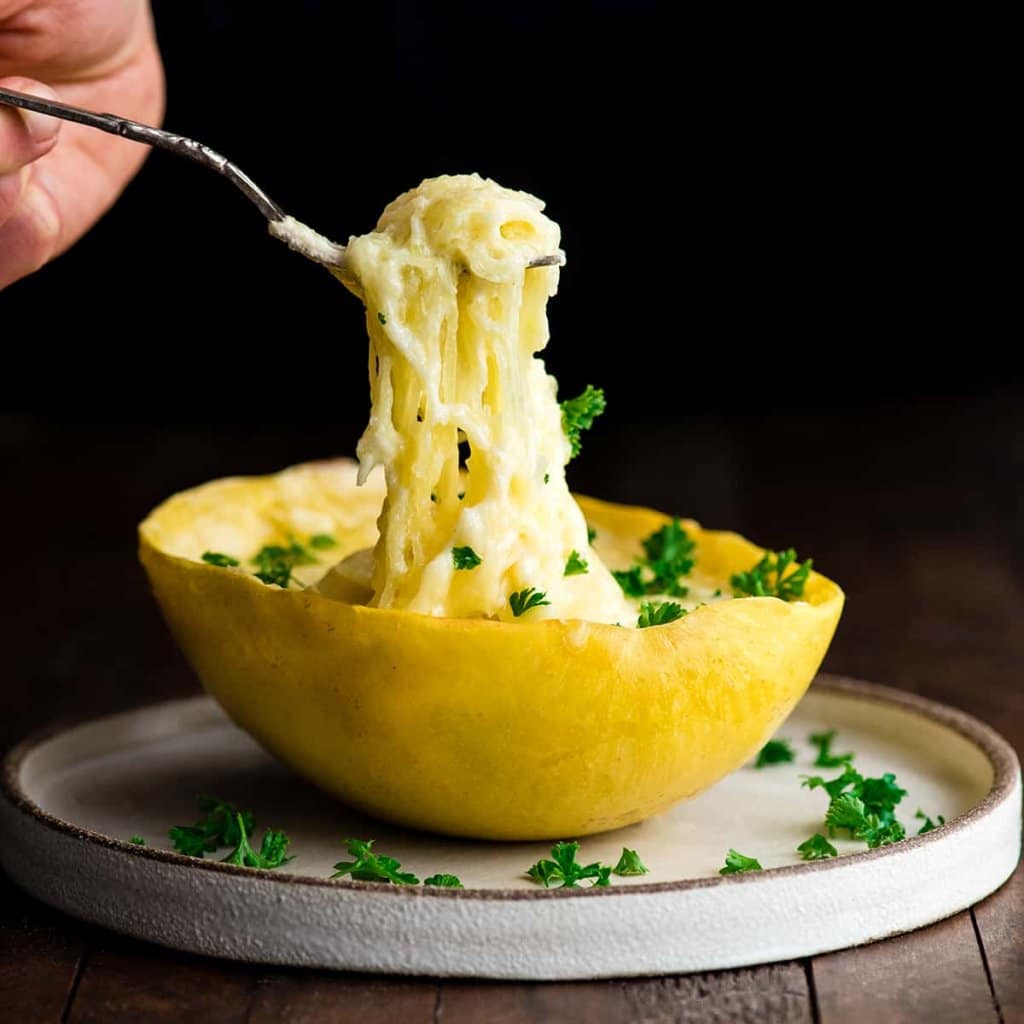 Image with Spaghetti Squash Mac and Cheese.