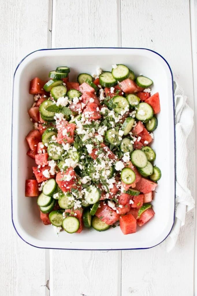 Image with Watermelon Salad with Cucumber Feta and Mint.