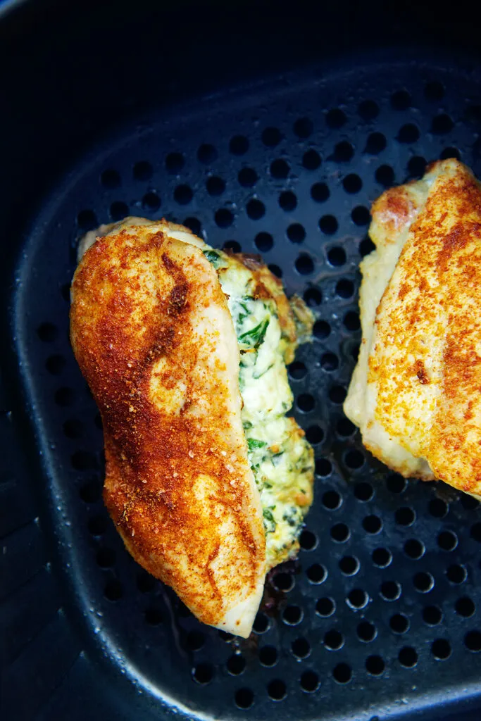 Image with air fryer stuffed chicken recipe.